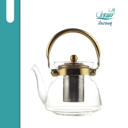 إبريق شاى زجاجى بغطاء ذهبي 1.1 لتر