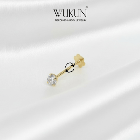 بيرسينج ذهب عيار 18k برغي باك فلات بفص أبيض وسط