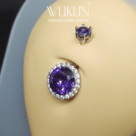 حلق بيرسينج فضة 925S للسرة فص بنفسجي كبير محاط بفصوص بيضاء صغيرة