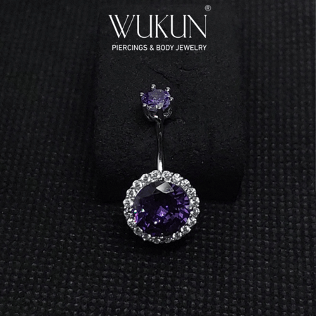 حلق بيرسينج فضة 925S للسرة فص بنفسجي كبير محاط بفصوص بيضاء صغيرة