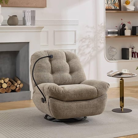 كرسي إسترخاء هزاز دوار كلاسيك 6069B مع حامل هاتف بني فاتح