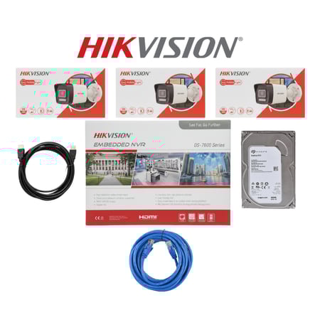 HIKVISION باقة كاميرات مراقبة ip تتكون المجموعة كما هو موضح بالصورة من 3 كاميرا خارجية بدقة 2mp شامل ملحقاتها