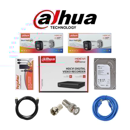 Dahua بكج كاميرات مراقبة تتكون المجموعة كما هو موضح بالصورة من 2 كاميرا خارجية بدقة 5mp 3k شامل ملحقاتها