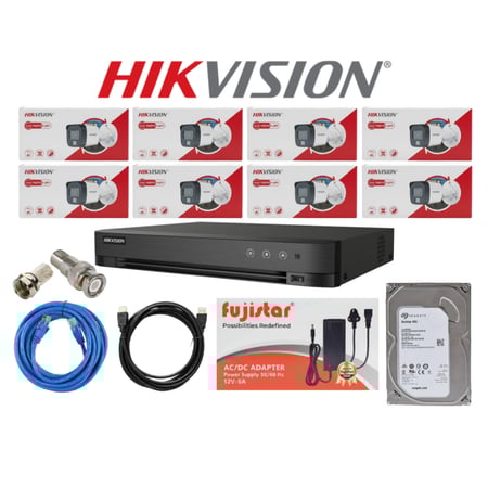 HIKVISION باقة كاميرات مراقبة تتكون المجموعة كما هو موضح بالصورة من 8 كاميرات خارجية بدقة 3k 5mp شامل ملحقاتها