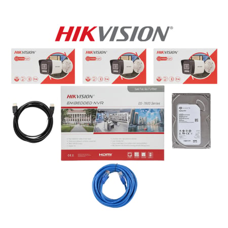 HIKVISION بكج كاميرات مراقبة ip تتكون المجموعة كما هو موضح بالصورة من 3 كاميرا خارجية بدقة 6mp عالية الدقة شامل ملحقاتها