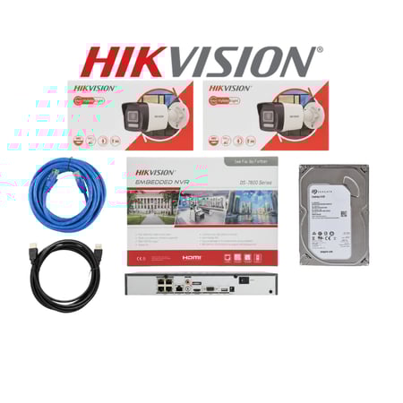 HIKVISION باقة كاميرات مراقبة ip تتكون المجموعة كما هو موضح بالصورة من 2 كاميرا خارجية بدقة 8mp 4k شامل ملحقاتها
