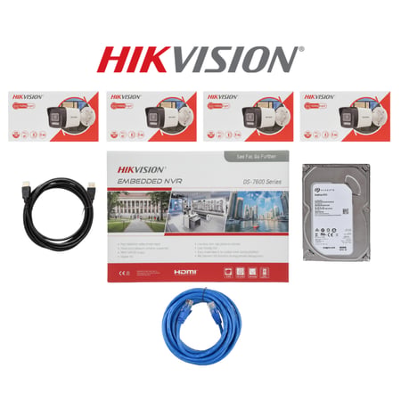 HIKVISION باقة كاميرات مراقبة ip تتكون المجموعة كما هو موضح بالصورة من 4 كاميرا خارجية بدقة 2mp شامل ملحقاتها