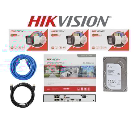 HIKVISION باقة كاميرات مراقبة ip تتكون المجموعة كما هو موضح بالصورة من 3 كاميرا خارجية بدقة 8mp 4k شامل ملحقاتها