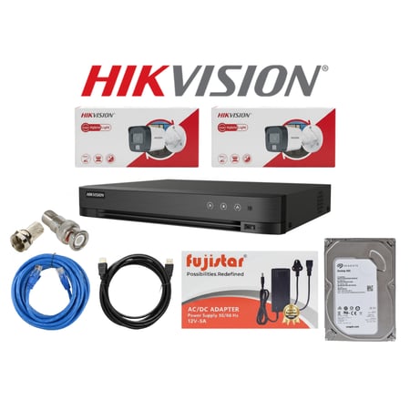 HIKVISION باقة كاميرات مراقبة تتكون المجموعة كما هو موضح بالصورة من 2 كاميرات خارجية بدقة 3k 5mp شامل ملحقاتها