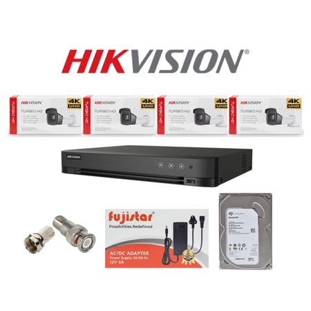 HIKVISION بكج كاميرات مراقبة يتكون من 4كاميرات بدقة 4k + جهاز 4K 4CH + هاردسك 1تيرا + محول 12V 5A + بي ان سي موصل اسلاك