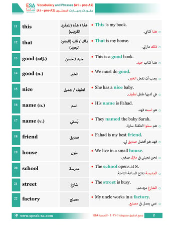 كتاب مفردات وعبارات المستوى (A1 - Pre-A2)