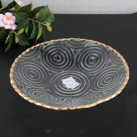 صحن زجاج عميق مدور بحواف ذهبي  مقاس  29 سم