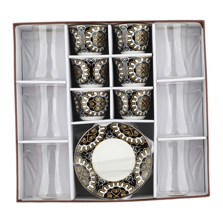 طقم بيالات شفاف مع فناجيل سراميك 18 قطعة