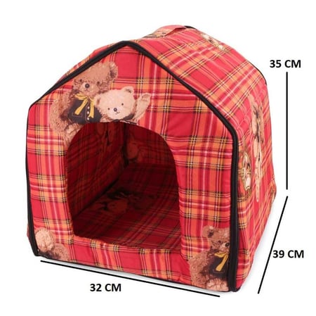 بيت للقطط والكلاب الصغيرة أحمر برسمة دب بأحجام متعددة