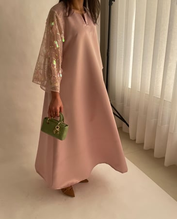جلابيه/ فستان تفته وردي مع ترتر