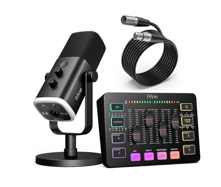 ميكروفون FIFINE Dynamic XLR/USB Gaming Microphone Set with Streaming Audio Mixer for Podcast Recording Video Vocal, RGB Gamer Set with Volume Fader/XLR Interface for PC-AmpliGame KS5