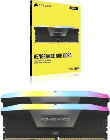 ذاكرة رام فينجانس DDR5 سعة 32 جيجابايت 2×16 باضاءة RGB وبتردد 6000 ميجاهرتز C40 من كورسير محسنة للاجهزة بمعالجات انتل بخاصية اضاءة ديناميكية بـ10 نقاط وتنظيم الجهد وتقنية ملفات تعريف CORSAIR VENGEANCE RGB DDR5 RAM 32GB 6000MHz