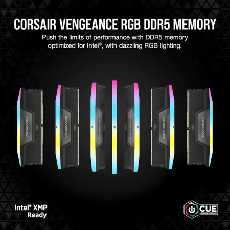 ذاكرة رام فينجانس DDR5 سعة 32 جيجابايت 2×16 باضاءة RGB وبتردد 6000 ميجاهرتز C40 من كورسير محسنة للاجهزة بمعالجات انتل بخاصية اضاءة ديناميكية بـ10 نقاط وتنظيم الجهد وتقنية ملفات تعريف CORSAIR VENGEANCE RGB DDR5 RAM 32GB 6000MHz