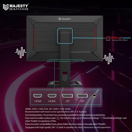 شاشة العاب ماجيستي 27 بوصة QHD 2K، FAST IPS، 275Hz، 1ms، HDR400، 100% sRGB، 10-Bit، G-SYNC & FreeSync + ذراع شاشة ألعاب RGB NB – 27-60 بوصة حتى 20 كجم، VESA 75/100 - MAJESTY GAMING MONITOR 27 inch