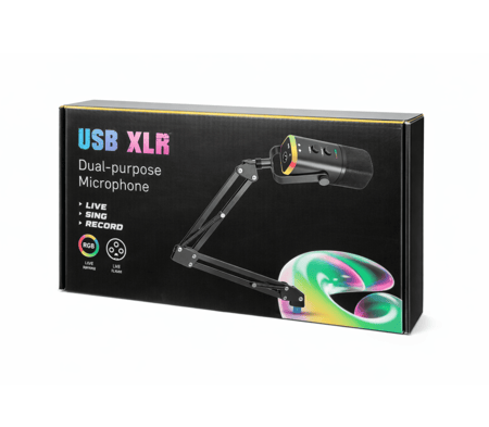 مايكروفون احترافي USB / XLR مع ذراع تثبيت وإضاءة RGB