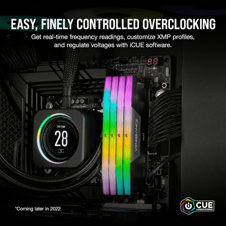 ذاكرة رام فينجانس DDR5 سعة 32 جيجابايت 2×16 باضاءة RGB وبتردد 6000 ميجاهرتز C40 من كورسير محسنة للاجهزة بمعالجات انتل بخاصية اضاءة ديناميكية بـ10 نقاط وتنظيم الجهد وتقنية ملفات تعريف CORSAIR VENGEANCE RGB DDR5 RAM 32GB 6000MHz