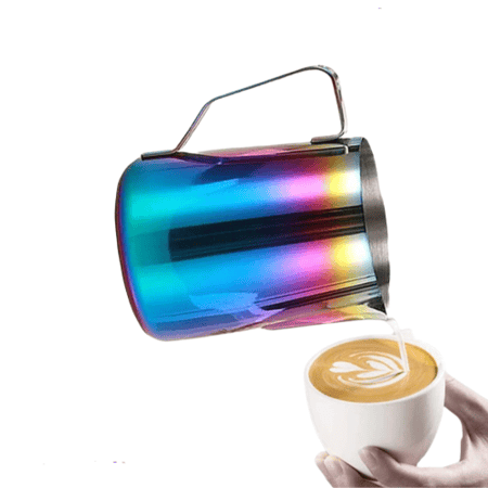 أبريق أنيق للتسخين الحليب بالبخار وصنع رغوة الحليب للرسومات على الأتيه والاسبريسو بالوان القوز قزح سعة  350ملل