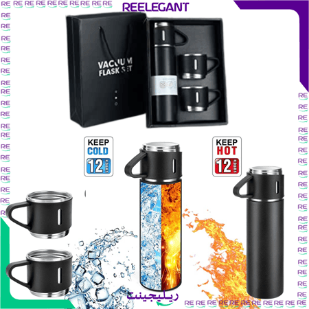 زجاجة حرارية من الستانلس ستيل معزولة بسعة 16.9 اونصة 500 مل مع اكواب للقهوة والشاي والمشروبات الساخنة والباردة. مجموعة انيقة.