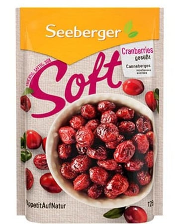 توت بري مجفف محلى مبستر جاهز للاكل من سيبرجر 125جم Seeberger Soft Cranberries