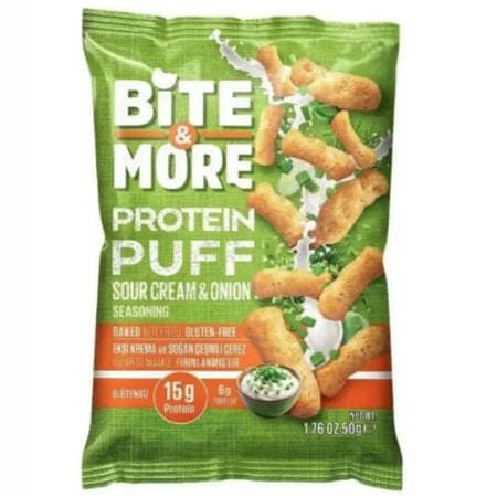 بايت اند مور  سناك بروتين نباتي Bite & More بنكهة ساور كريم وبصل – خالي من الجلوتين 50 جم