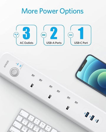 توصيلة كهرباء ب 3 منافذ و مدخلين USB ومدخل PD من شركة ANKER
