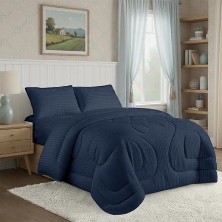 طقم لحاف نفر ونص روز فندقي مقلم  - كحلي