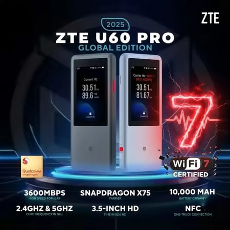 راوتر محمول ZTE U60 Pro 5G | Wi-Fi 7 | بطارية 10000mAh | شاشة لمس | يدعم جميع الشرائح