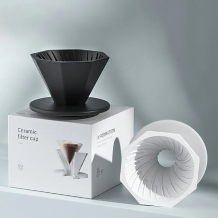 قمع سيراميك للتقطير - مضلع مقاس 01 لون ابيض| Ceramic Dripper Ribbed