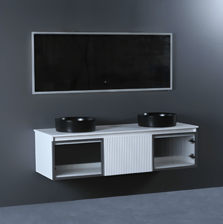 مغسلة دولاب ابيض واسود مع مراية ليد 140 سم