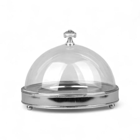 صحن كيك ميار فضي بغطاء أكريليك حجم وسط دائري، القطر 27 سم