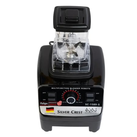 Two Silver Crest black electric blenders showing one jar with mixed fr