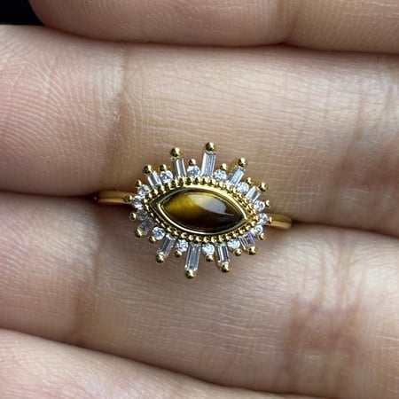 خاتم من حجر عين النمر الطبيعي  مطلي ذهب