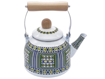 ابريق شاهي غضار نقشة تراثية يد خشب ابيض