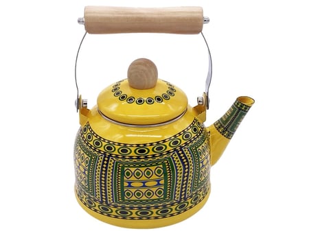 ابريق شاهي غضار نقشة تراثية يد خشب اصفر