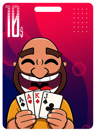 شخصية من تطبيق لعبة جواكر تحمل اوراق بلوت وعليها تسعيرة فئة 10 دولار