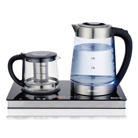 طقم غلاية كهربائية وإبريق شاي زجاجي ريبون 2 لتر مع قاعدة تحكم حراري