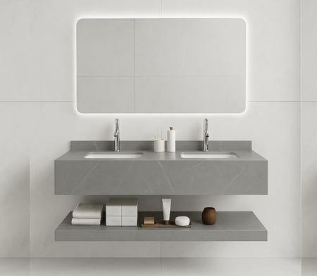 مغسلة رخامية مودرن مزدوجة بحوضين مع مرآة LED وتخزين فاخر – مقاس 140 سم