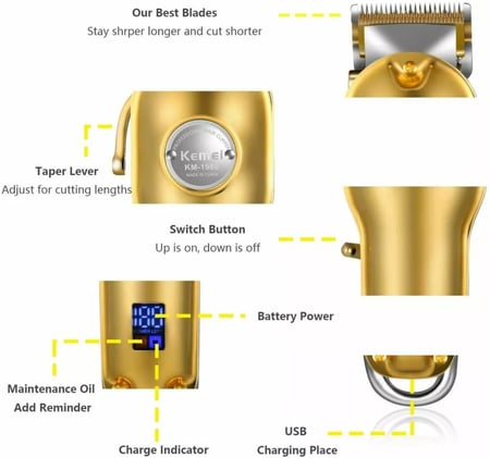 Kemei 1986 – ماكينة حلاقة شعر احترافية لاسلكية بتصميم معدني أنيق وشفرات حادة لقص دقيق
