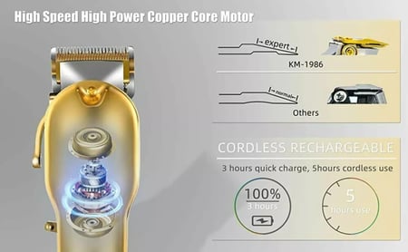 Kemei 1986 – ماكينة حلاقة شعر احترافية لاسلكية بتصميم معدني أنيق وشفرات حادة لقص دقيق