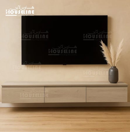 طاولة تلفزيون جدارية باللون البيج مع أدراج خشب 180 سم