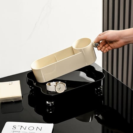 منظم مكياج أنيق متعدد الأقسام - مثالي للعطور ولمستحضرات التجميل والفرش والإكسسوارات - تصميم عصري لتخزين سهل على التسريحة والطاولة - بيج أسود