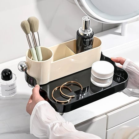 منظم مكياج أنيق متعدد الأقسام - مثالي للعطور ولمستحضرات التجميل والفرش والإكسسوارات - تصميم عصري لتخزين سهل على التسريحة والطاولة - بيج أسود