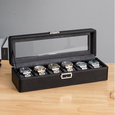 صندوق ساعات أنيق من الجلد بستة خانات - حل تخزين عصري للساعات والمجوهرات