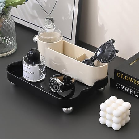 منظم مكياج أنيق متعدد الأقسام - مثالي للعطور ولمستحضرات التجميل والفرش والإكسسوارات - تصميم عصري لتخزين سهل على التسريحة والطاولة - بيج أسود