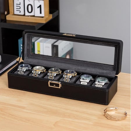 صندوق ساعات أنيق من الجلد بستة خانات - حل تخزين عصري للساعات والمجوهرات